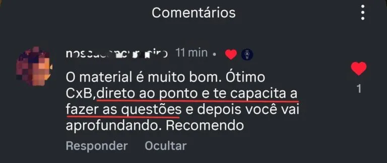 Print de depoimento de aluna sobre o material Raciocinei no WhatsApp